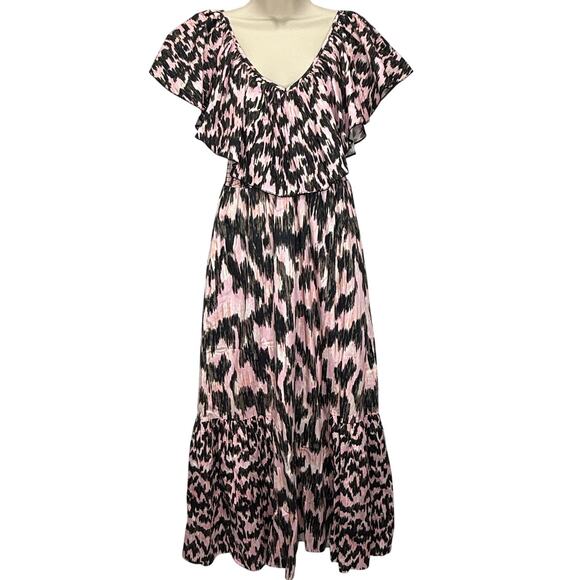 MariaCher Dabir Cotton Ruffle Trim V Neck Smocked Midi Dress Size S Pink Black - Picture 1 of 9